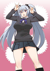  breasts commentary_request d-frag! female gabao_(mattari_2019) grey_hair large_breasts long_hair purple_eyes sakai_tama school_uniform skirt socks solo twintails very_long_hair 