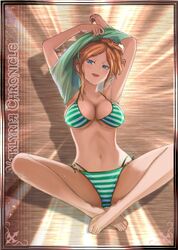  arms_up barefoot bikini blue_eyes breasts cleavage copyright_name female green_bikini hair_ornament large_breasts looking_at_viewer lowres navel orange_hair ramona_linton senjou_no_valkyria_(series) senjou_no_valkyria_1 short_hair sitting solo striped_bikini striped_clothes swimsuit tea_(nakenashi) underboob undressing 