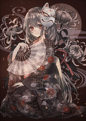  black_kimono blurry blush chrysanthemum chrysanthemum_print closed_mouth commentary depth_of_field embers female floral_background floral_print flower folding_fan fox_mask grey_hair hair_between_eyes hand_fan hand_up japanese_clothes kikumon kimono long_hair looking_at_viewer mask moco obi original red_eyes sash seiza sitting smile solo tareme 