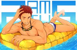  1boy brown_eyes brown_hair commentary_request free! goggles goggles_around_neck inflatable_raft lying male_focus male_swimwear mikoshiba_seijuurou on_stomach one_eye_closed photoshop_(medium) red_hair solo spiked_hair swim_briefs topless_male water wet wet_hair zamius 