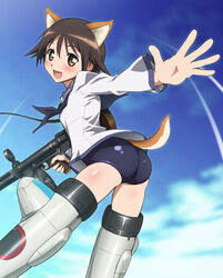  :d animal_ears ass black_neckerchief blue_sailor_collar blue_sky brown_hair cloud commentary_request contrail dog_ears dog_girl dog_tail feet_out_of_frame female flip-up_sight floating_neckwear foreshortening from_side gun heavy_machine_gun holding holding_gun holding_weapon long_sleeves looking_at_viewer looking_back machine_gun miyafuji_yoshika neckerchief norizou open_mouth revision sailor_collar school_swimsuit shirt sky smile solo strike_witches striker_unit swimsuit tail type_99_cannon weapon white_shirt world_witches_series 