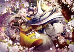  2boys armor black_gloves blue_eyes blue_hair blurry cherry_blossoms commentary_request depth_of_field gloves hakama hakama_skirt interlocked_fingers japanese_armor japanese_clothes katana kogitsunemaru male_focus mikazuki_munechika multiple_boys oerba_yun_fang open_mouth red_eyes sayagata shoulder_armor skirt smile sode sword touken_ranbu tree weapon white_hair wingtemple 