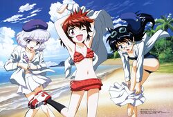  3girls :d :o ;d absurdres akashi_kaoru armpits arms_up bangs barefoot beach bent_over beret bikini bikini_skirt black_hair black_legwear blue_eyes blush bush casual_one-piece_swimsuit cloud curly_hair dress_shirt earrings feet flat_chest floating_hair frilled_bikini frills glasses goggles goggles_on_head hat hat_removed headwear_removed highres jewelry kneehighs leg_lift long_hair looking_at_viewer looking_down matsumoto_tomoyuki megami midriff miniskirt mountain multiple_girls navel nogami_aoi ocean official_art one-piece_swimsuit one_eye_closed open_clothes open_mouth open_shirt palm_tree pleated_skirt polka_dot polka_dot_bikini polka_dot_swimsuit purple_eyes red_hair rimless_glasses ring sannomiya_shiho scan school_uniform shirt shoes short_hair side-tie_bikini sink skirt skirt_pull sky smile sneakers socks spiked_hair standing standing_on_one_leg striped striped_bikini striped_swimsuit swimsuit swimsuit_under_clothes tree undressing watch water white_hair wink wristwatch zettai_karen_children 