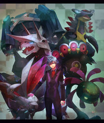  1boy aggron armaldo ascot claydol clenched_hands commentary_request cradily extra_eyes formal grey_hair highres horns long_sleeves looking_at_viewer metagross nishikawa_(fe) pants pokemon pokemon_(creature) pokemon_rse skarmory steven_stone suit 