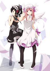  2girls black_dress black_hair black_legwear blurry bow breasts cleavage commentary_request depth_of_field dress ello feathers full_body grey_bow hair_ornament hairband hat lolita_hairband long_hair looking_at_viewer medium_breasts misha_(pita_ten) mob_cap multiple_girls pantyhose photoshop_(medium) pink_eyes pink_hair pita_ten ponytail purple_eyes rabbit_hair_ornament shia_(pita_ten) single_wing white_dress wings 