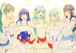  bare_shoulders blue_eyes blue_hair blush bouquet breasts bridal_veil bride caeda_(bridal)_(fire_emblem) caeda_(fire_emblem) commentary_request dress eirika_(fire_emblem) elbow_gloves embarrassed fingerless_gloves fire_emblem fire_emblem:_mystery_of_the_emblem fire_emblem:_the_blazing_blade fire_emblem:_the_sacred_stones fire_emblem_awakening fire_emblem_heroes flower formal gloves green_hair highres jewelry long_hair looking_at_viewer lucina_(fire_emblem) lyn_(bridal)_(fire_emblem) lyn_(fire_emblem) multiple_girls necklace ninian_(bridal)_(fire_emblem) ninian_(fire_emblem) nishimura_(shinchinagachi) open_mouth pegasus_knight_uniform_(fire_emblem) ponytail red_eyes rose smile strapless strapless_dress tiara veil wedding wedding_dress white_dress white_gloves 