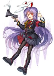  :d alternate_costume animal_ears armband belt black_pantyhose blouse boots commentary_request crescent crescent_pin female finger_gun glowing glowing_eye highres light_purple_hair long_hair long_sleeves looking_at_viewer lunatic_gun manarou medal military military_uniform necktie open_mouth pantyhose pleated_skirt purple_hair rabbit_ears red_eyes red_necktie reisen_udongein_inaba shirt simple_background skirt smile solo touhou trigger_discipline tunic uniform very_long_hair wavy_background white_shirt 