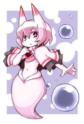  :&lt; blush_stickers brooch capelet colored_skin commentary_request disgaea disgaea_d2 expressionless female full_body heart heart_brooch horns jewelry kugelschreiber monster_girl no_nose pink_hair purple_background red_eyes sea_angel_(disgaea) short_hair skirt solo white_capelet white_skin 