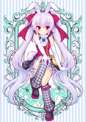  ahoge albino animal_ears ascot blue_background boots bow brooch chains clock commentary_request elbow_gloves female frost_auslese full_body gloves grey_skirt hairbow jewelry knee_boots leg_warmers long_hair looking_at_viewer magical_halloween plaid plaid_skirt rabbit_ears rabbit_tail red_bow red_eyes red_shirt shirt skirt sleeveless sleeveless_shirt smile solo straight-on striped striped_background tail tokinon twintails white_gloves white_hair 