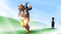  16:9 2017 5_fingers 5_toes anthro avian backpack banjo-kazooie banjo_(banjo-kazooie) beak bear bearphones bird black_body black_fur black_nose blizzard_entertainment bottomwear brown_body brown_fur canid claws clothed clothing conditional_dnp crossover digital_media_(artwork) egg electronics feet feral fingers front_view fur galliform grass group gruntilda_winkybunion headphones horn kazooie knotty_curls male mammal orange_eyes outside overweight overweight_anthro overweight_male paralee_(character) peafowl phasianid plant rareware ratte running scarf shorts signature slightly_chubby standing toe_claws toes topless warcraft were werecanid widescreen worgen 