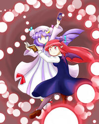  2girls bat_wings book card crescent crescent_hat_ornament dress grimoire hat hat_ornament head_wings highres koakuma long_hair long_sleeves mob_cap multiple_girls nitamago patchouli_knowledge purple_eyes purple_hair red_eyes red_hair ribbon striped_clothes striped_dress teardrop touhou wings 