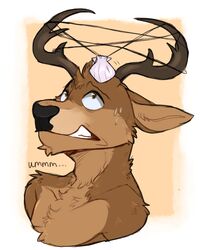  2016 alternate_species anthro antlers black_nose bodily_fluids border brown_body brown_countershading brown_eyes brown_fur brown_horn bust_portrait countershade_face countershade_torso countershading deer digital_media_(artwork) ellipsis front_view fur head_tuft hi_res horn jayboppity jazzotter jewelry looking_up male mammal necklace outside_border pendant portrait simple_background snout solo sweat tan_background teeth tuft white_border 