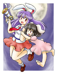  2girls animal_ears barefoot black_hair blush brown_footwear carrot_necklace closed_eyes commentary_request dress inaba_tewi jewelry long_hair lunatic_gun multiple_girls necklace necktie nitamago one_eye_closed open_mouth pendant pink_dress pink_skirt purple_hair rabbit_ears rabbit_girl rabbit_tail red_eyes red_necktie reisen_udongein_inaba shirt shoes short_hair short_sleeves skirt smile tail touhou white_shirt 