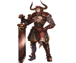  1boy agielba animal_ears armor armored_boots beard boots draph facial_hair full_body gloves granblue_fantasy horns male_focus minaba_hideo official_art simple_background solo sword tattoo topless_male weapon white_background 