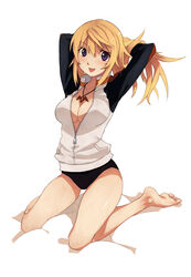  barefoot blush breasts caee_penguin charlotte_dunois cleavage commentary_request female highres infinite_stratos jacket jewelry large_breasts long_hair long_legs necklace open_mouth photoshop_(medium) purple_eyes raglan_sleeves solo track_jacket 