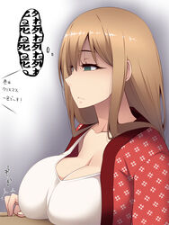  breast_rest breasts brown_hair cleavage commentary_request empty_eyes female green_eyes hanten_(clothes) hayashi_custom highres large_breasts long_hair original photoshop_(medium) sachiko_(hayashi_custom) shaded_face solo translation_request upper_body 