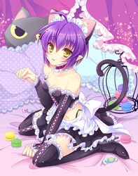  ahoge alternate_costume animal_ears bare_shoulders bed black_footwear black_skirt boots candy cat_ears cat_tail choker commentary_request curtains enmaided female food frilled_pillow frilled_skirt frills kemonomimi_mode looking_at_viewer macaron magical_halloween maid maid_headdress noir_auslese paw_pose pillow pointy_ears purple_hair short_hair sitting skirt solo tail thigh_boots thighhighs tokinon wariza yellow_eyes 