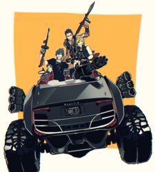  4boys black_hair blonde_hair car commentary_request driving final_fantasy final_fantasy_xv gatling_gun gladiolus_amicitia glasses gun handgun ignis_scientia license_plate looking_at_viewer mad369 mauser_c96 monster_truck motor_vehicle multiple_boys noctis_lucis_caelum prompto_argentum regalia_(final_fantasy) revolver rocket_launcher rpg_(weapon) sleeveless smile spiked_hair sports_car submachine_gun tattoo thompson_submachine_gun vehicle_focus weapon 