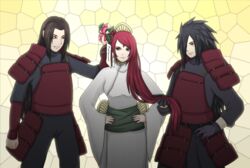  2boys black_hair couple female fireeaglespirit flower long_hair multiple_boys naruto naruto_shippuuden red_eyes red_hair senju_hashirama uchiha_madara uzumaki_mito 