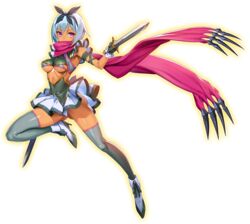  armpits ass_visible_through_thighs black_gloves black_ribbon blue_hair breasts covered_mouth dark-skinned_female dark_skin dual_wielding female frills full_body gloves grey_thighhighs hair_ribbon high_heels holding holding_sword holding_weapon irma_(queen&#039;s_blade) irma_(queen&#039;s_blade_unlimited) looking_at_viewer medium_breasts official_art oosaki_shin&#039;ya panties pink_eyes purple_scarf queen&#039;s_blade queen&#039;s_blade_unlimited ribbon scarf short_hair solo sword thighhighs transparent_background underboob underwear v-shaped_eyebrows weapon white_panties 