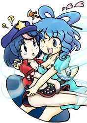  2girls ? beret blue_dress blue_eyes blue_hair breasts cleavage commentary_request dress hair_ornament hair_stick hat hat_ornament heart jiangshi kaku_seiga medium_breasts miyako_yoshika multiple_girls nitamago ofuda open_clothes open_mouth outstretched_arms shawl short_hair skirt star_(symbol) star_hat_ornament touhou white_background 