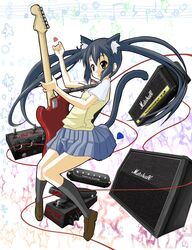  amplifier animal_ears bad_id bad_pixiv_id black_hair brown_eyes cable cat_ears effects_pedal electric_guitar female guitar highres instrument k-on! long_hair m-y-w marshall_amplification nakano_azusa pedal plectrum sakuragaoka_high_school_uniform school_uniform solo speaker tail twintails 