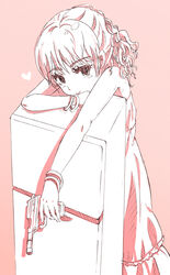  bracelet commentary_request dress female gokusai_kaibi gun handgun holding holding_gun holding_weapon jewelry kakine_teitoku md5_mismatch messy_hair monochrome photoshop_(medium) pink_theme refrigerator sakasana_(kaisen_teikoku) simple_background solo toaru_majutsu_no_index toaru_majutsu_no_index:_new_testament weapon 