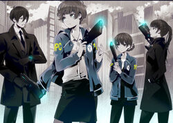  1boy 3girls black_hair brown_hair caduceus commentary_request dominator_(gun) formal ginoza_nobuchika gun kunizuka_yayoi kuso_bba long_hair multiple_girls necktie ponytail psycho-pass rain shimotsuki_mika short_hair skirt suit tsunemori_akane watch weapon wristwatch 