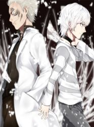  2boys accelerator_(toaru_majutsu_no_index) albino back-to-back bad_id bad_pixiv_id black_choker blonde_hair choker diagonal-striped_shirt diagonal_stripes electrodes facial_tattoo kihara_amata lab_coat multiple_boys red_eyes rororori science_fiction shirt striped_clothes striped_shirt tattoo toaru_majutsu_no_index toaru_majutsu_no_index:_old_testament white_hair 