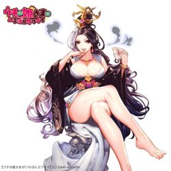  barefoot bracelet breasts brown_hair cleavage commentary_request crossed_legs eyelashes female finger_to_mouth fingernails food hair_bun hand_to_own_mouth headgear isaac_hein_iii japanese_clothes jewelry kimono korean_commentary large_breasts legs licking licking_finger long_hair long_sleeves multicolored_hair necklace obi onigiri original purple_eyes sash shiny_skin simple_background single_hair_bun sitting solo split-color_hair toenails tongue tongue_out two-tone_hair uchi_no_hime-sama_ga_ichiban_kawaii very_long_hair white_background white_hair wide_sleeves 