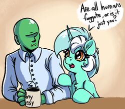  2017 ?_face amber_eyes anon brown_background clothed clothing container cup dialogue dress_shirt duo english_text equid equine female feral friendship_is_magic hair hasbro homophobic_slur horn human lyra_heartstrings_(mlp) mammal mug multicolored_hair my_little_pony mythological_creature mythological_equine mythology profanity shirt signature simple_background text text_on_mug topwear two_tone_hair unicorn witchtaunter 