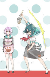  2girls :&lt; bowl chopsticks closed_eyes commentary_request dual_wielding eyepatch green_hair green_sailor_collar highres holding holding_bowl holding_chopsticks kantai_collection kiso_(kancolle) long_sleeves mito_(go!go!king!) multiple_girls no_headwear noodle_strainer pink_hair puffy_short_sleeves puffy_sleeves red_eyes sailor_collar school_uniform serafuku short_hair short_sleeves strainer tama_(kancolle) 