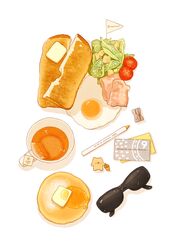  acorn bacon bear bread bread_slice butter colored_pencil commentary_request crouton egg english_text flag food food_focus highres k_hamsin lettuce no_humans original pancake pencil pencil_sharpener salad sunglasses tea teabag toast tomato white_background 