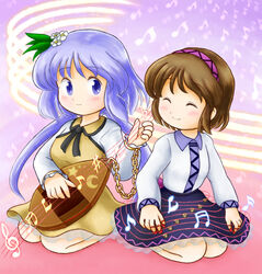  2girls beamed_sixteenth_notes biwa_lute blush brown_hair closed_eyes commentary_request dress eighth_note flower hair_flower hair_ornament hairband instrument long_hair long_sleeves lute_(instrument) multiple_girls musical_note nitamago purple_eyes purple_hair purple_hairband shirt short_hair siblings sisters skirt smile touhou treble_clef tsukumo_benben tsukumo_yatsuhashi twintails yellow_dress 