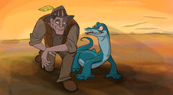  2013 5_fingers ambiguous_gender boots brown_hair clothed clothing digital_drawing_(artwork) digital_media_(artwork) disney duo dusk elbow_on_knee feathers fedora feral field fingers footwear hair hand_on_leg hand_on_thigh hat headgear headwear human joanna_the_goanna kneeling lizard looking_at_another male mammal monitor_lizard open_mouth open_smile orange_eyes orange_sclera outback percival_c._mcleach reptile scalie secoh2000 smile spencer&#039;s_goanna teal_body the_rescuers_(disney) the_rescuers_down_under topwear vest 