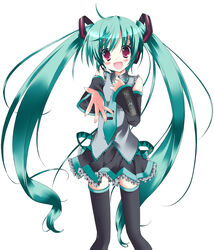  :d ahoge black_thighhighs colorized commentary_request detached_sleeves female green_hair hair_ornament hand_on_own_chest hatsune_miku headset highres himemiya_niina long_hair looking_at_viewer lucie necktie open_mouth pleated_skirt reaching red_eyes simple_background skirt smile solo thighhighs twintails vocaloid white_background zettai_ryouiki 