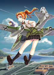  1boy blonde_hair blue_eyes camouflage cloud commentary_request contrail day female flying forest gloves luftwaffe me_262 moeru!_sentouki_zukan nature ocean original photoshop_(medium) pleated_skirt ponytail runway skirt sky solo_focus wehrmacht white_gloves yuu_(yuyukaikan) 