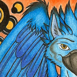  1:1 abstract_background amber_eyes avatar_(disambiguation) avian bakaskunkou beak blue_body blue_fur dari feathered_wings feathers fur gryphon hybrid inner_ear_fluff looking_at_viewer low_res male mythological_avian mythological_creature mythology thumbnail traditional_media_(artwork) tuft wings 