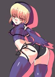  ass blonde_hair breasts commentary_request elbow_gloves ernula female gloves impossible_clothes looking_back orange_eyes panties photoshop_(medium) senkou_no_ronde short_hair side-tie_panties sideboob small_breasts solo thighhighs thighs underwear veil yukimura_tsubame 