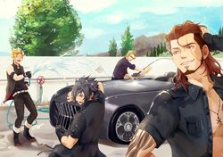  4boys car commentary_request final_fantasy final_fantasy_xv gladiolus_amicitia hose ignis_scientia male_focus motor_vehicle multiple_boys noctis_lucis_caelum outdoors prompto_argentum regalia_(final_fantasy) shiratama_akari washing_vehicle 