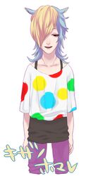  1boy animal_crossing animal_ears blonde_hair blue_hair character_name commentary_request ed_(animal_crossing) hair_over_one_eye highres horse_boy horse_ears humanization long_hair male_focus multicolored_hair open_mouth red_eyes simple_background solo sukedji teeth two-tone_hair white_background 