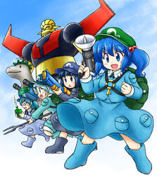  4girls :d backpack bag blue_eyes blue_footwear blue_hair blue_shirt blue_skirt blush boots commentary_request dark_haired_kappa glasses glasses_kappa gun hair_bobbles hair_ornament hat hisou_tensoku kappa_mob_(touhou) kawashiro_nitori key loch_ness_monster long_sleeves mecha multiple_girls nitamago open_mouth robot rubber_boots shirt shoes short_hair skirt skirt_set smile touhou two_side_up weapon 