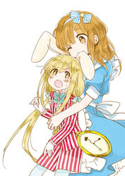  2girls :3 accessories alice_(alice_in_wonderland) alice_(alice_in_wonderland)_(cosplay) alice_in_wonderland animal_ears apron biting blonde_hair blush brown_eyes brown_hair clock commentary_request cosplay ear_biting formal futaba_anzu gloves highres hug hug_from_behind idolmaster idolmaster_cinderella_girls juli0 long_hair moroboshi_kirari multiple_girls one_eye_closed open_mouth oversized_object photoshop_(medium) puffy_short_sleeves puffy_sleeves rabbit_ears short_sleeves shorts simple_background smile stopwatch striped_clothes striped_shorts striped_suit suit surprised sweatdrop twintails watch white_background white_gloves white_rabbit_(alice_in_wonderland) white_rabbit_(alice_in_wonderland)_(cosplay) yellow_eyes 