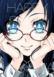  blue_eyes blue_hair close-up commentary_request dokidoki!_precure female glasses happy_birthday head_rest hishikawa_rikka long_hair looking_at_viewer looking_over_eyewear mahkn precure red-framed_eyewear solo 