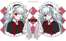  axanael bad_id bad_pixiv_id bandages blush bonnet bow capelet empty_eyes eyepatch female grey_hair highres ladle noko_(axanael) photoshop_(medium) red_eyes sayori_(neko_works) twintails yandere 