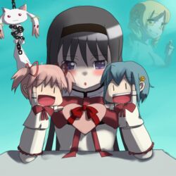  2girls akemi_homura bad_id bad_pixiv_id black_hairband blonde_hair blue_hair blush box breasts chained chains character_doll cometch drill_hair hairband hand_puppet heart-shaped_box kaname_madoka kyuubee mahou_shoujo_madoka_magica mahou_shoujo_madoka_magica_(anime) miki_sayaka mitakihara_school_uniform multiple_girls nude pink_hair projected_inset puppet school_uniform small_breasts sparkle thumbs_up tomoe_mami upper_body valentine |_| 