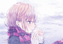  blonde_hair blue_eyes blush breath commentary_request female from_side hair_ornament hairclip half-closed_eyes hands_up long_hair moco open_mouth original outdoors plaid plaid_scarf profile purple_scarf scarf sidelocks sleeves_past_wrists snow solo sweater tearing_up tears 