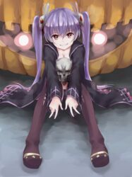  absurdres black_thighhighs breasts cleavage commentary_request double_v female full_body grin hair_ornament highres jack-o&#039;-lantern long_hair looking_at_viewer memento_(sennen_sensou_aigis) on_floor outstretched_arms pi_(pnipippi) pumpkin purple_hair rabbit_hair_ornament red_eyes sennen_sensou_aigis sitting skull small_breasts smile solo thighhighs twintails v very_long_hair 