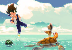  1boy animal bad_id bad_pixiv_id black_hair blue_sky blurry boots cloud day dragon_ball dragon_ball_z flying food fruit hat highres horizon male_focus muscular net ocean outdoors photoshop_(medium) sea_turtle skin_tight sky solo spiked_hair straw_hat supobi swimming turtle umigame_(dragon_ball) vegeta water watermelon 