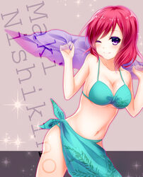  bad_id bad_pixiv_id bikini blush breasts character_name cleavage commentary_request female large_breasts love_live! love_live!_school_idol_project midriff natami_(sukeham) nishikino_maki one_eye_closed photoshop_(medium) purple_eyes red_hair shawl short_hair smile solo swimsuit 